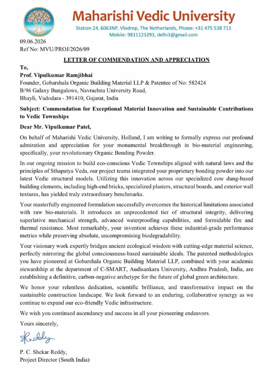 Maharishi Vedic University Letter of Recommendation and Appreciation